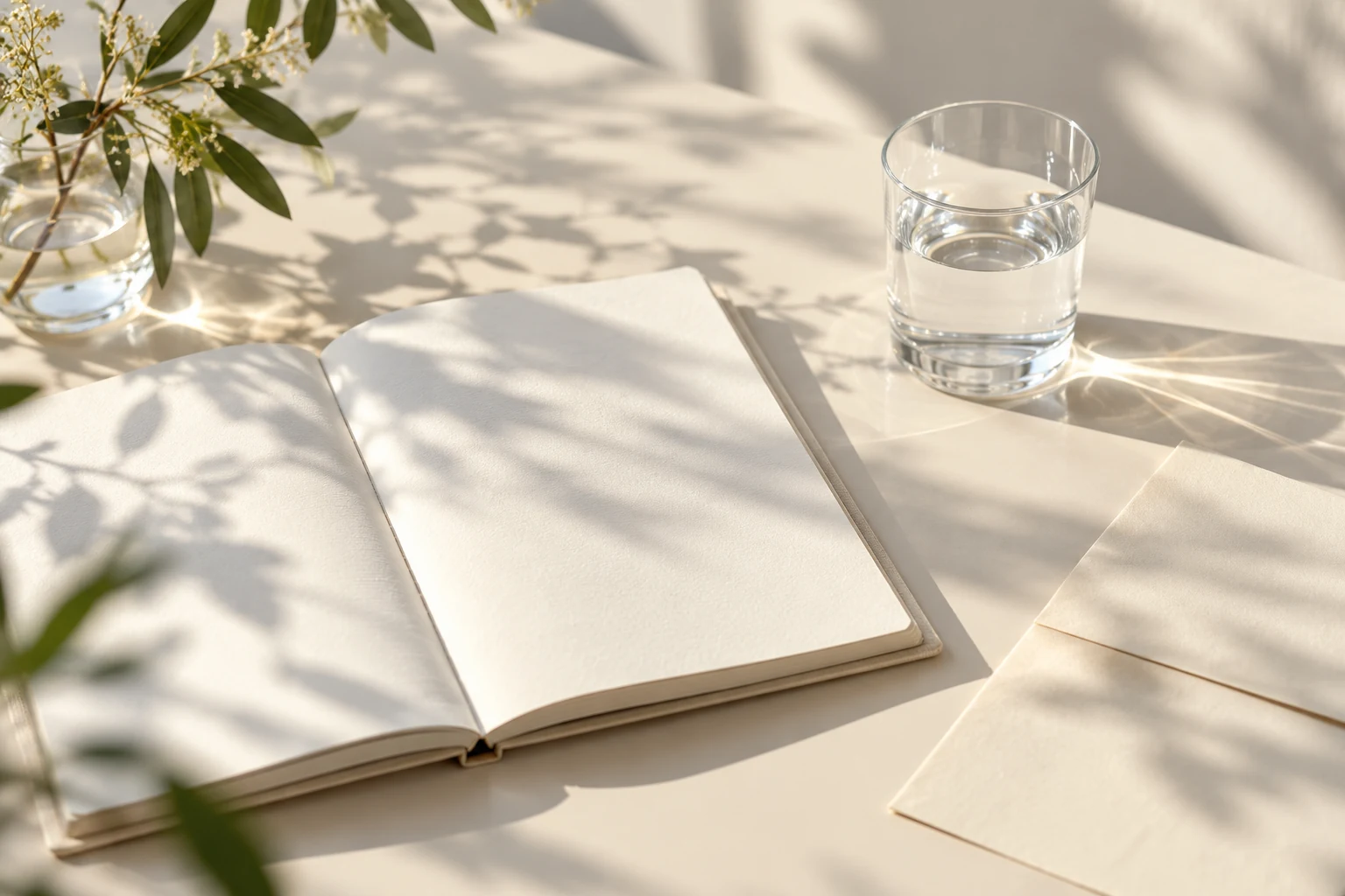 An open blank notebook and water glass in natural light, an editorial concept